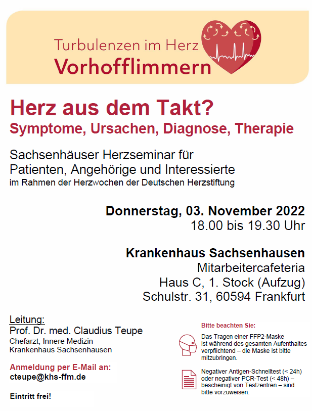 Herz aus dem Takt?  Sachsenhäuser Herzseminar für Patienten, Angehörige und Interessierte im Rahmen der Herzwochen der Deutschen Herzstiftung